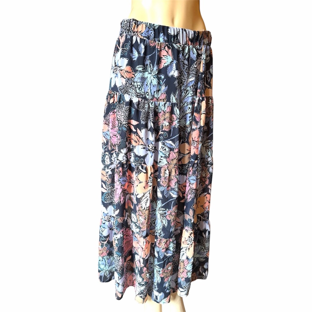 Navy and Floral Print tiered Maxi Skirt sz M/L long boho western skirt *flawed*